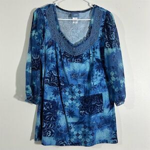 Classic Elements ‎ Women's Blue Floral Tunic Blouse M V-Neck Long Sleeve Casual